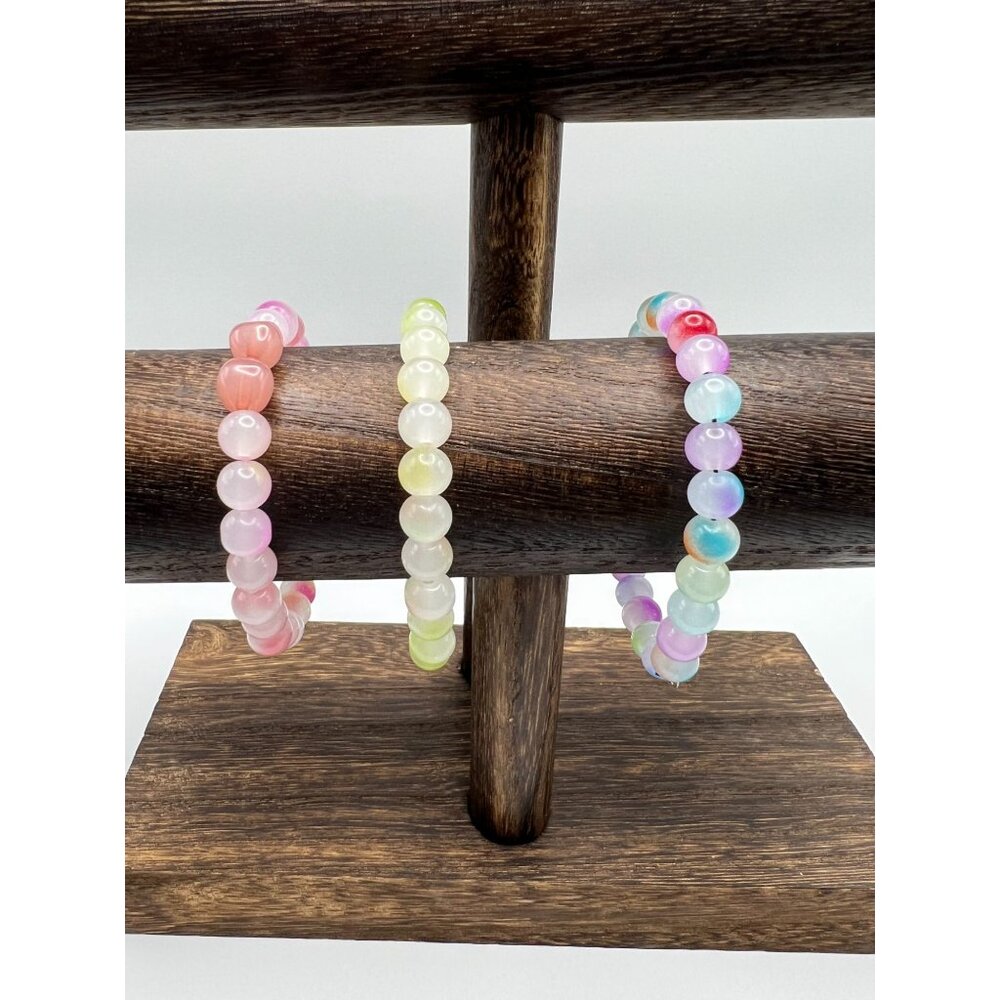 Colorful Opal Beaded Bracelets For Women - Set Of 3 Stretchable Pastel Shades Of